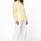 Sunshine yellow linen shirt with satin detailing, 45 degree front view