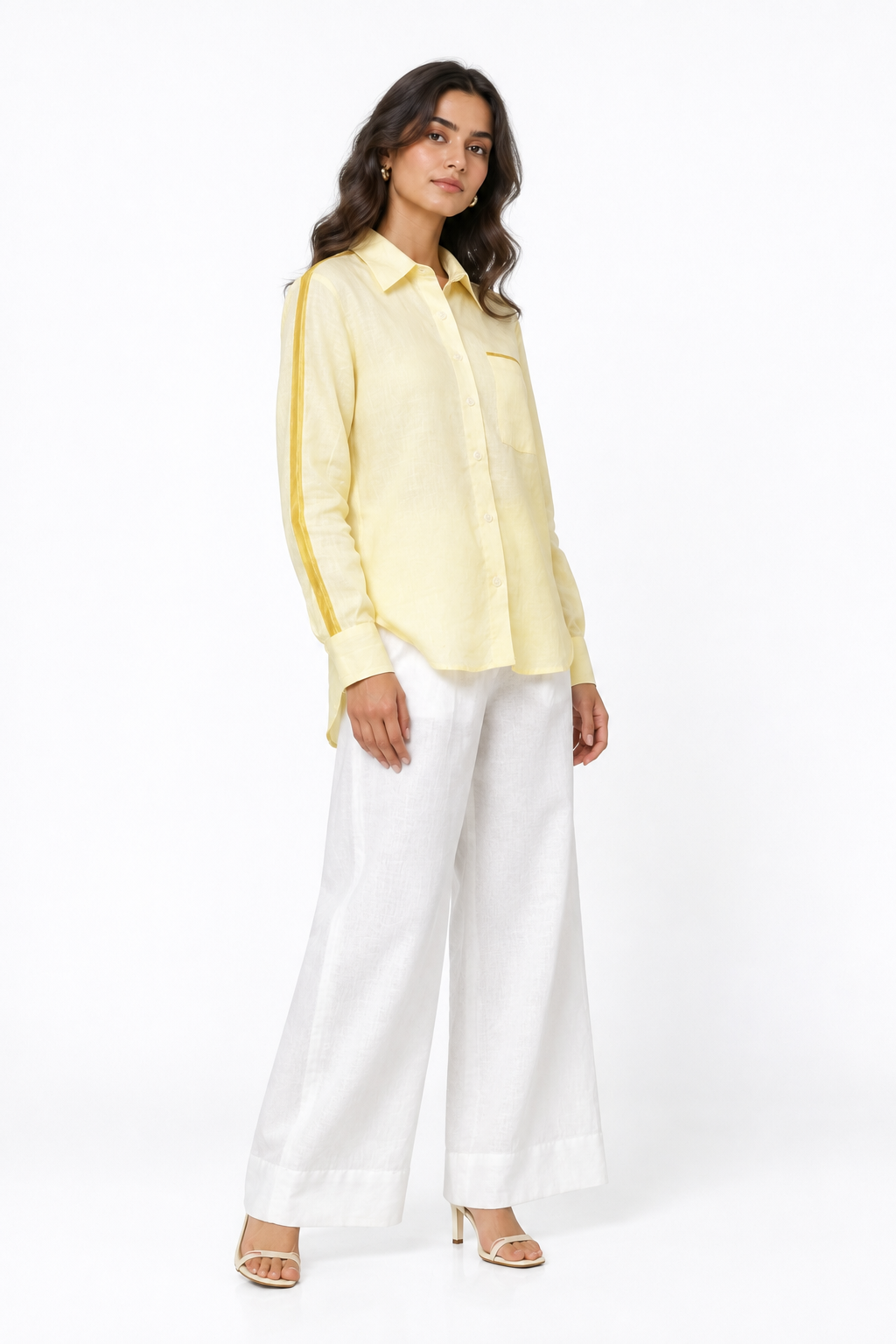 Sunshine yellow linen shirt with satin detailing, 45 degree front view