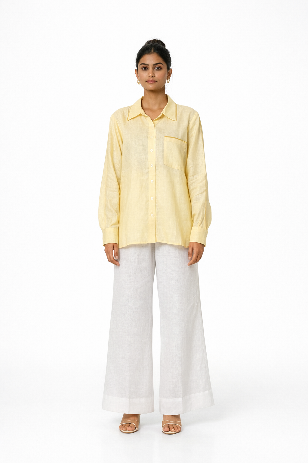 Sunshine Yellow Linen Shirt with Satin Detailing – Women’s Linen Shirt Front View