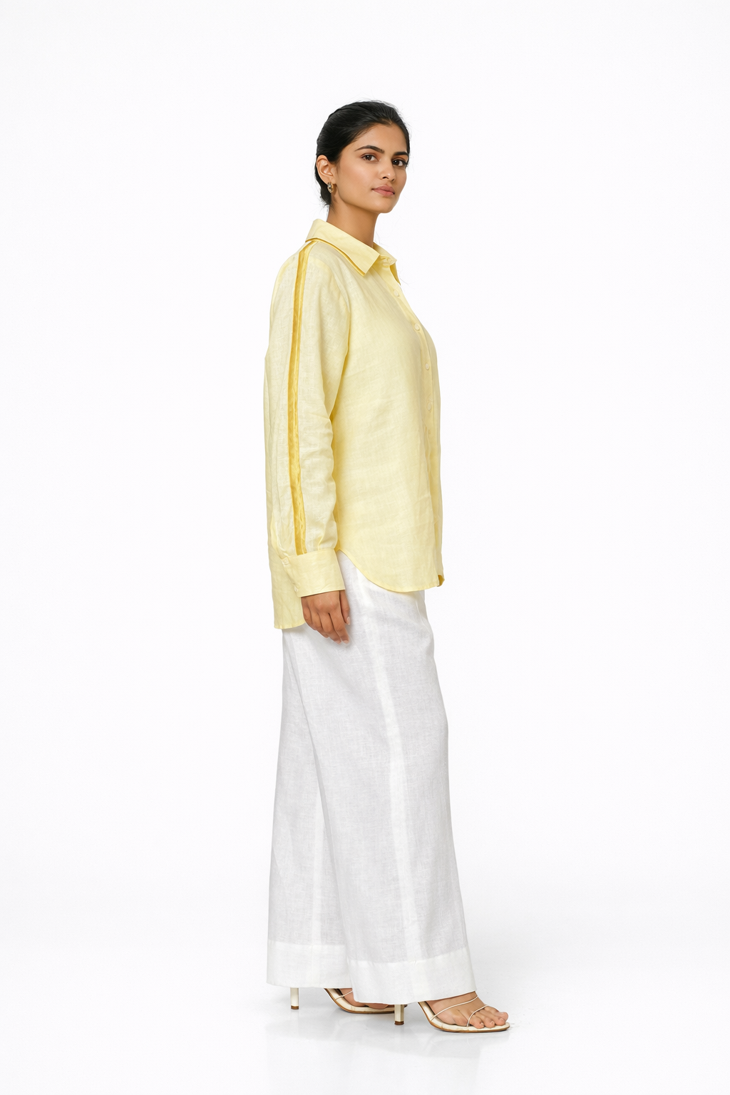 Sunshine Yellow Linen Shirt with Satin Detailing – Women’s Linen Shirt Side View