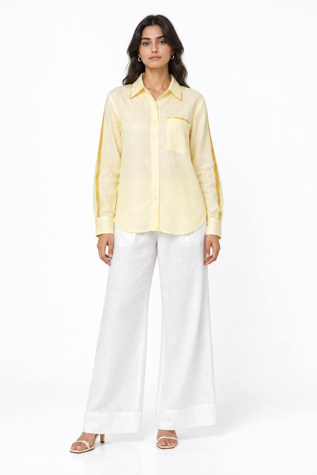 Sunshine yellow linen shirt with satin detailing for women, front view
