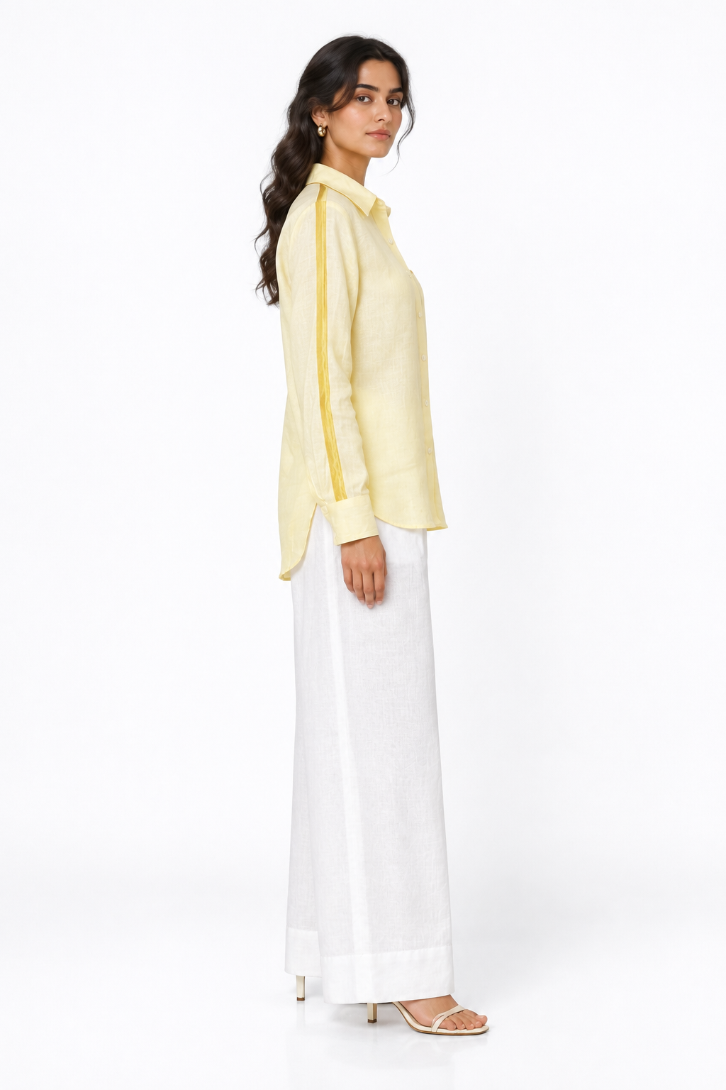 Sunshine yellow linen shirt for women with satin sleeve detailing, side view