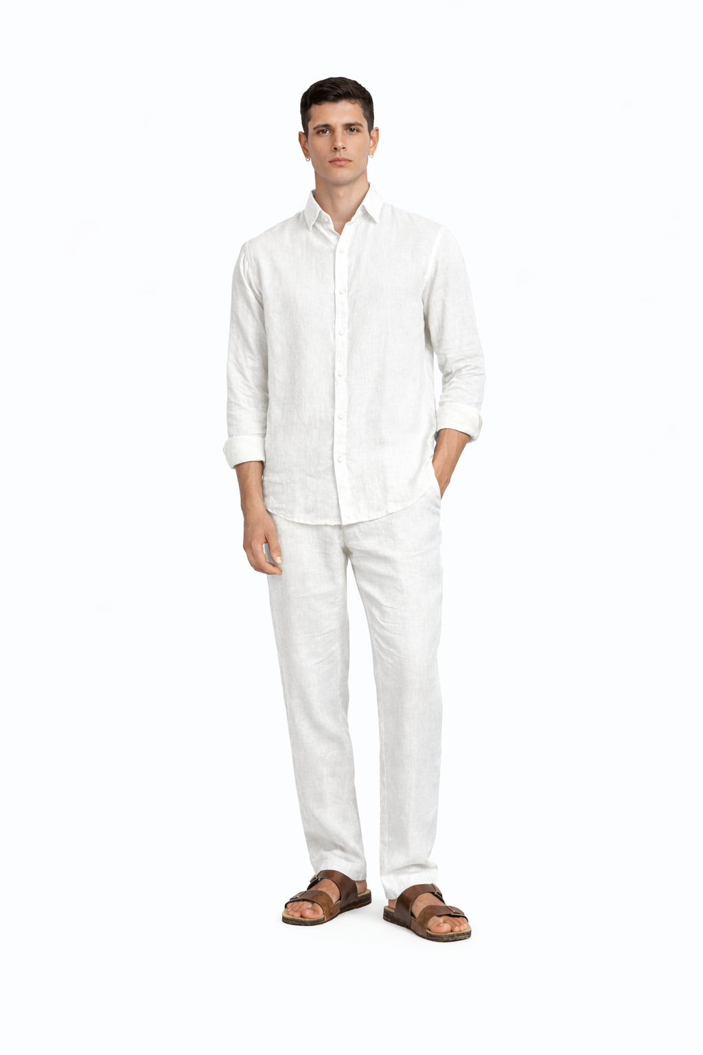 White pure linen co-ord set for men – Taj Pure Linen Set front view