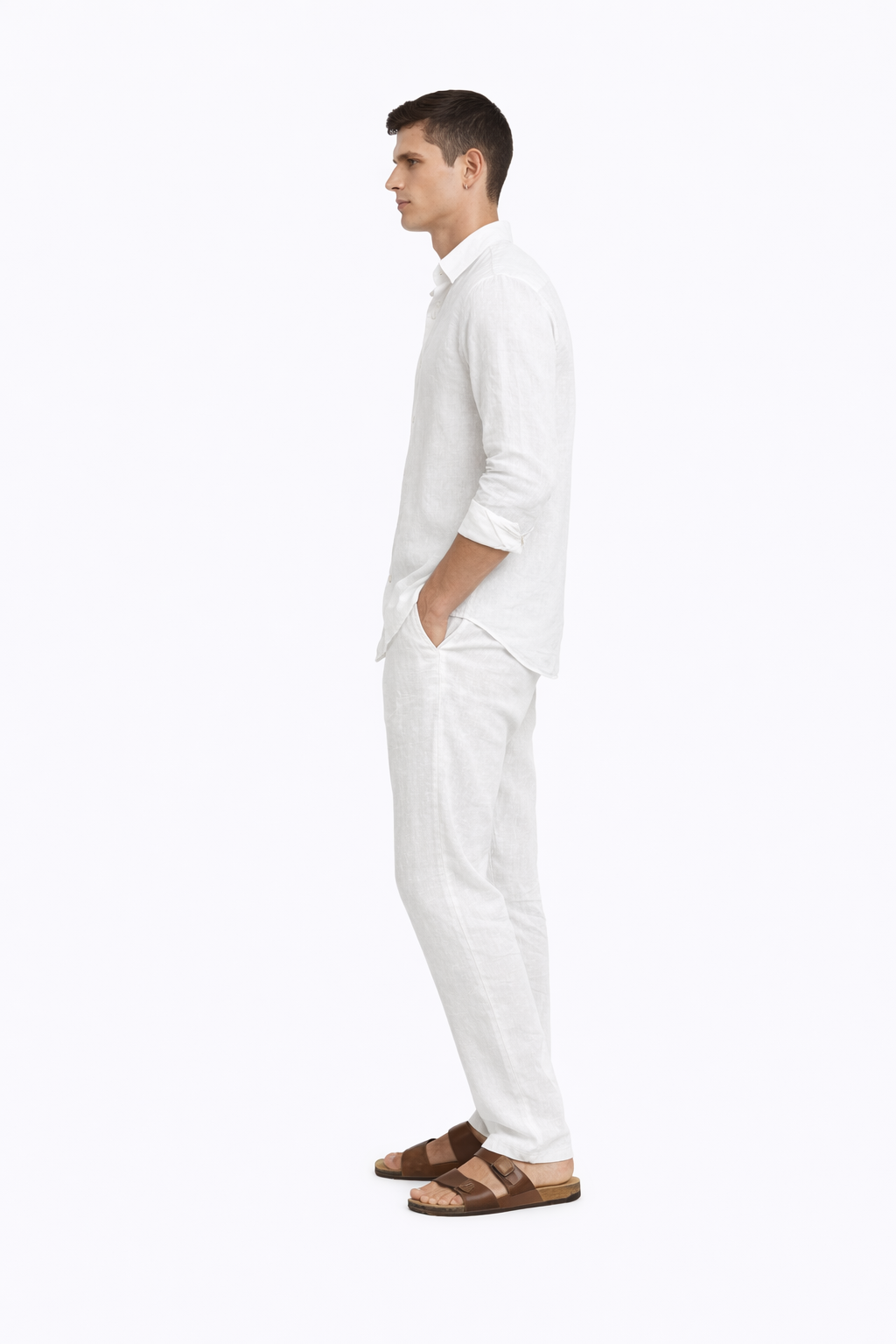 Side view of white pure linen shirt and trouser set for men