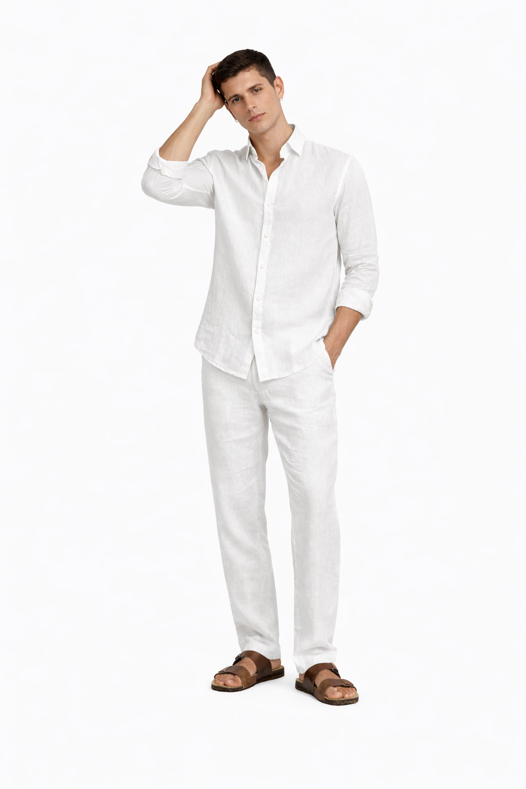 Men styling white linen co-ord set for summer and resort wear