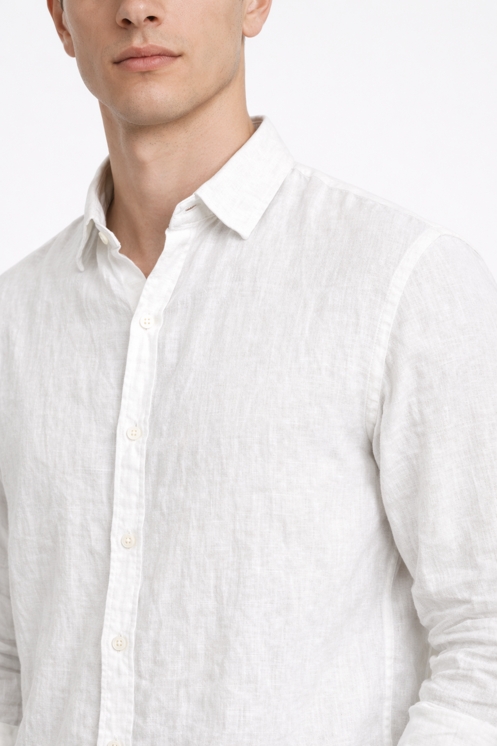 Close-up of pure linen fabric texture on white men’s linen shirt