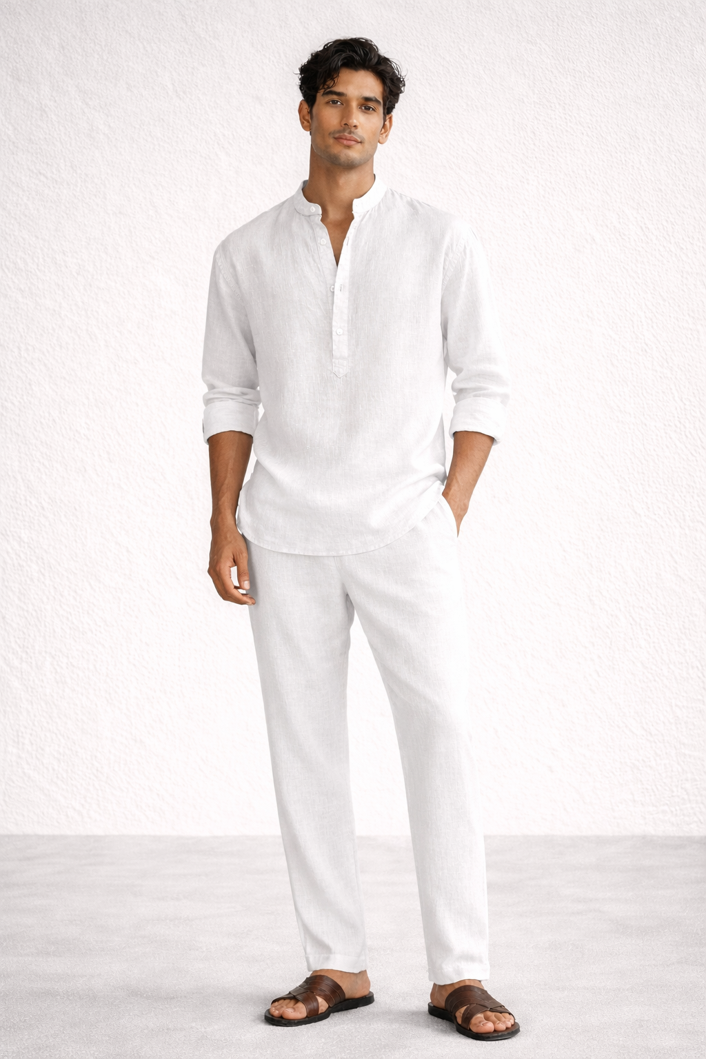 Taj Safa white short kurta linen set for men front view