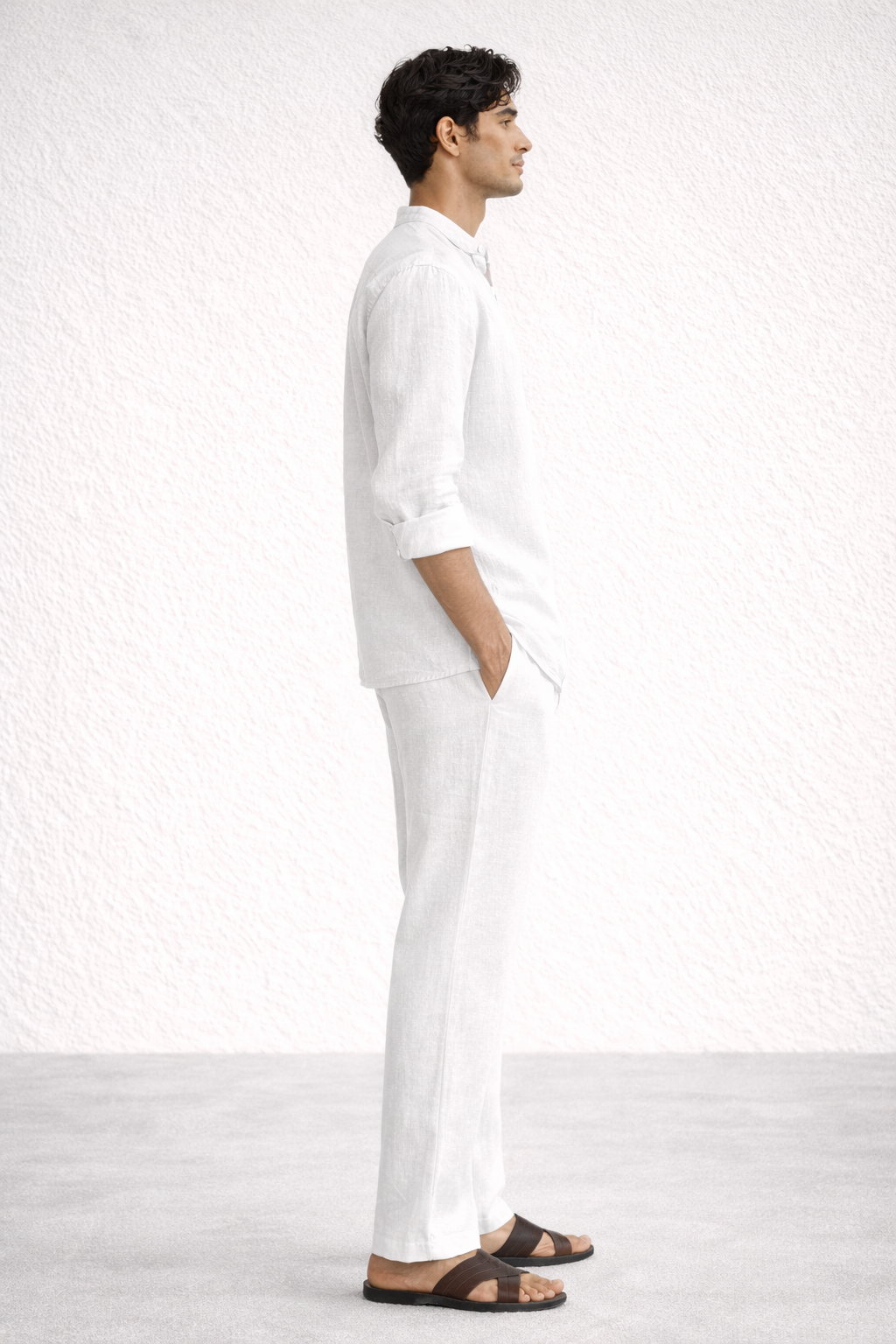 Side view of Taj Safa white short kurta linen set for men