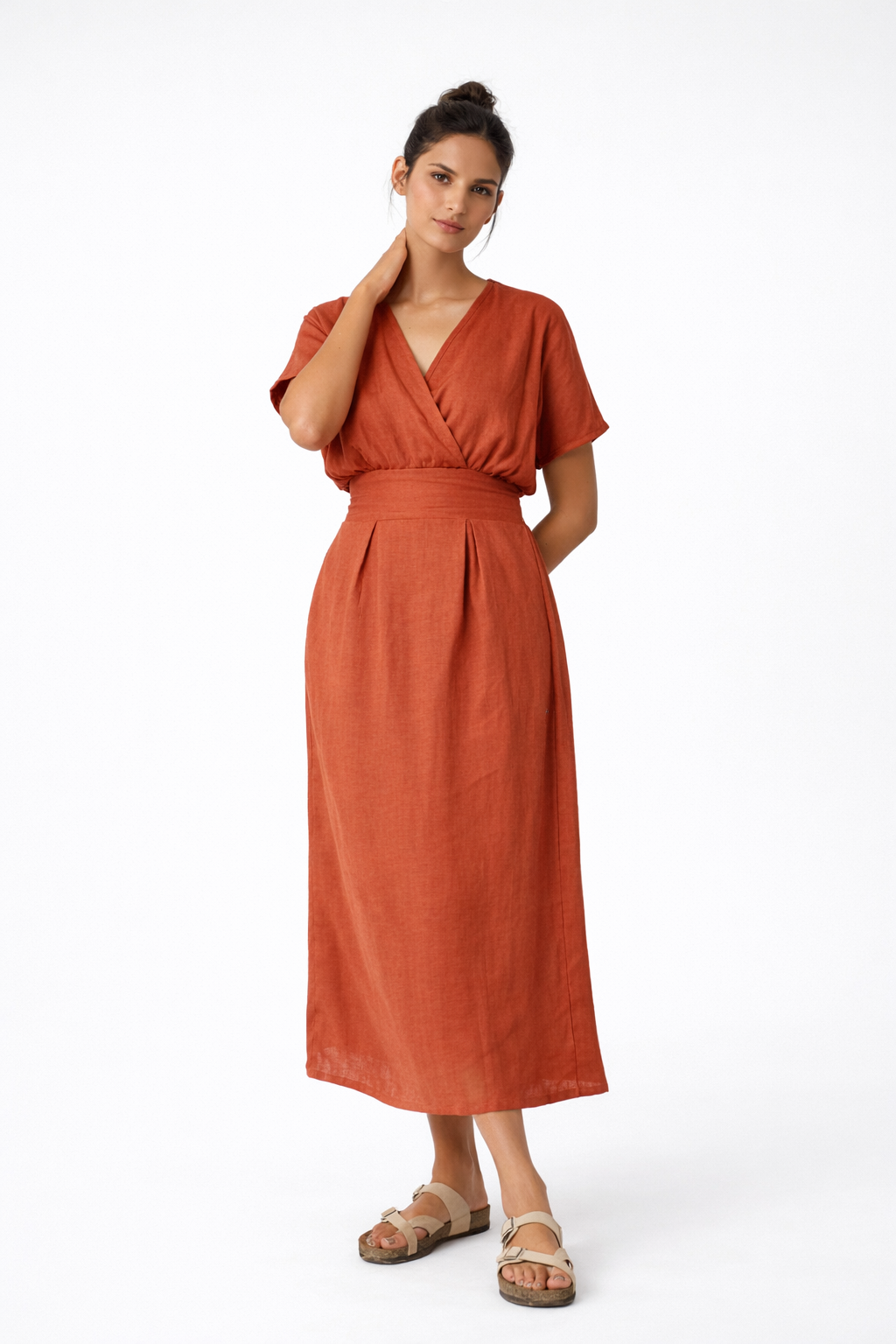 Shahmai Linen Dress – Terracotta Midi Linen Dress for Women Front View