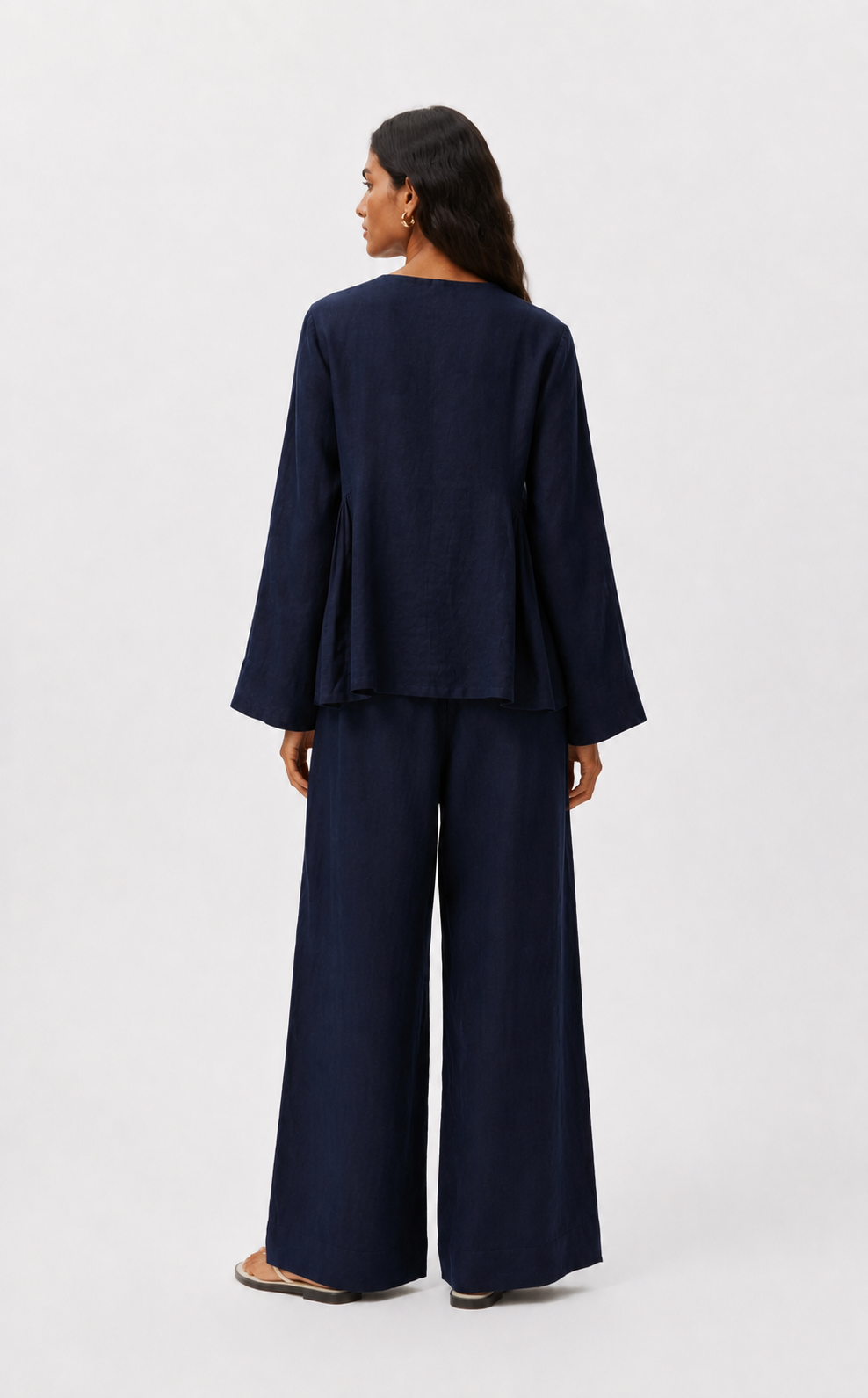 Back view of Twilight Navy Linen Set for Women showcasing the relaxed linen silhouette.