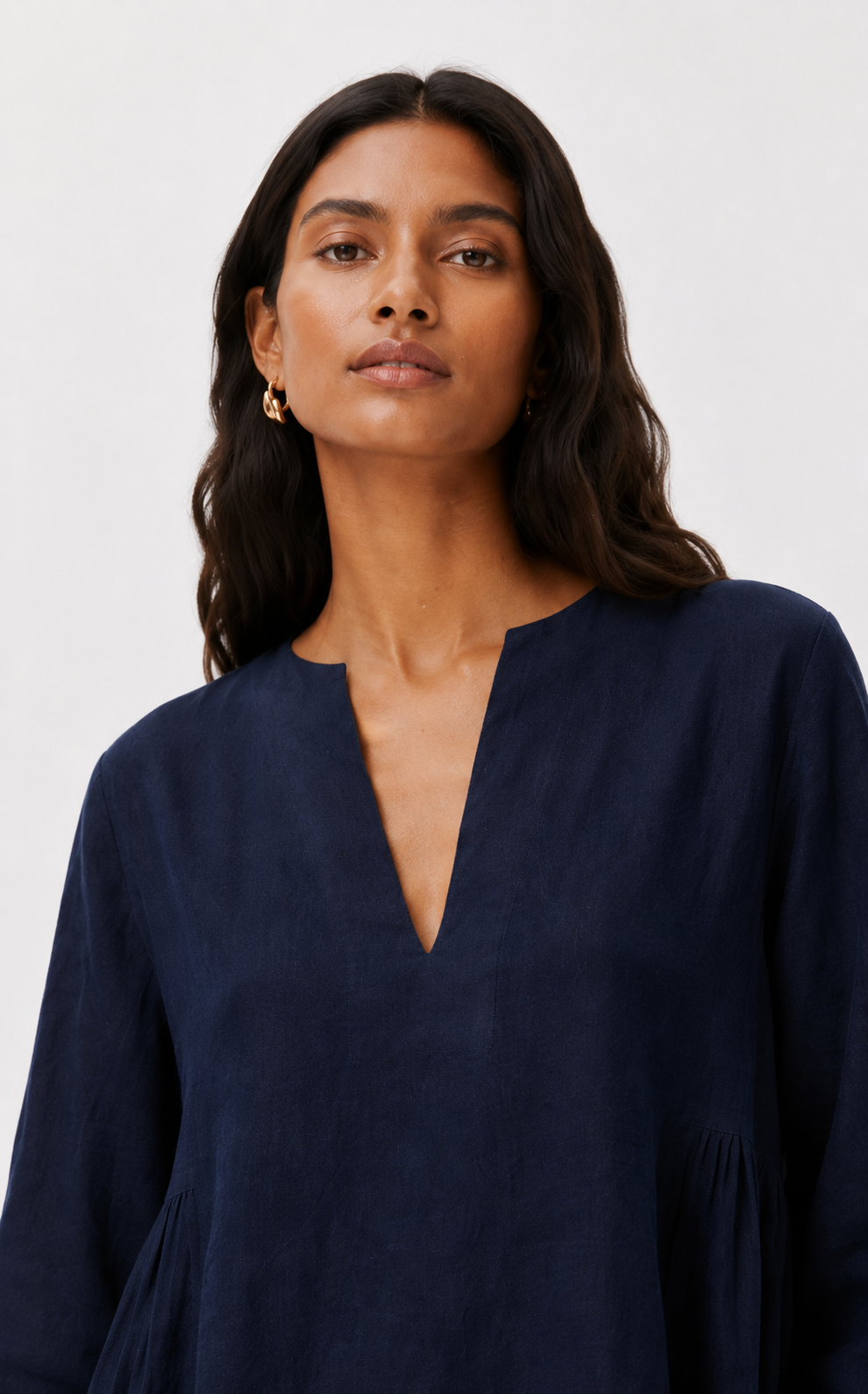 Close-up of Twilight Navy Linen Set highlighting the V-neckline and natural linen texture.