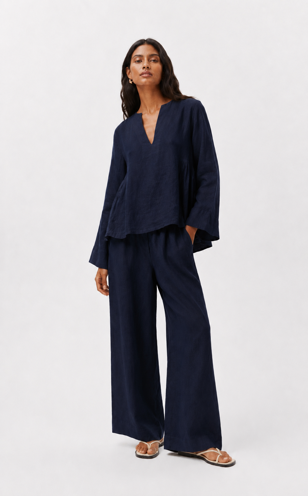 Front relaxed view of Twilight Navy Linen Set for Women crafted from breathable 100% pure linen.