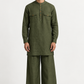 Vann Linen Set for Men in deep olive green featuring a mandarin-collar kurta and matching wide-leg trousers