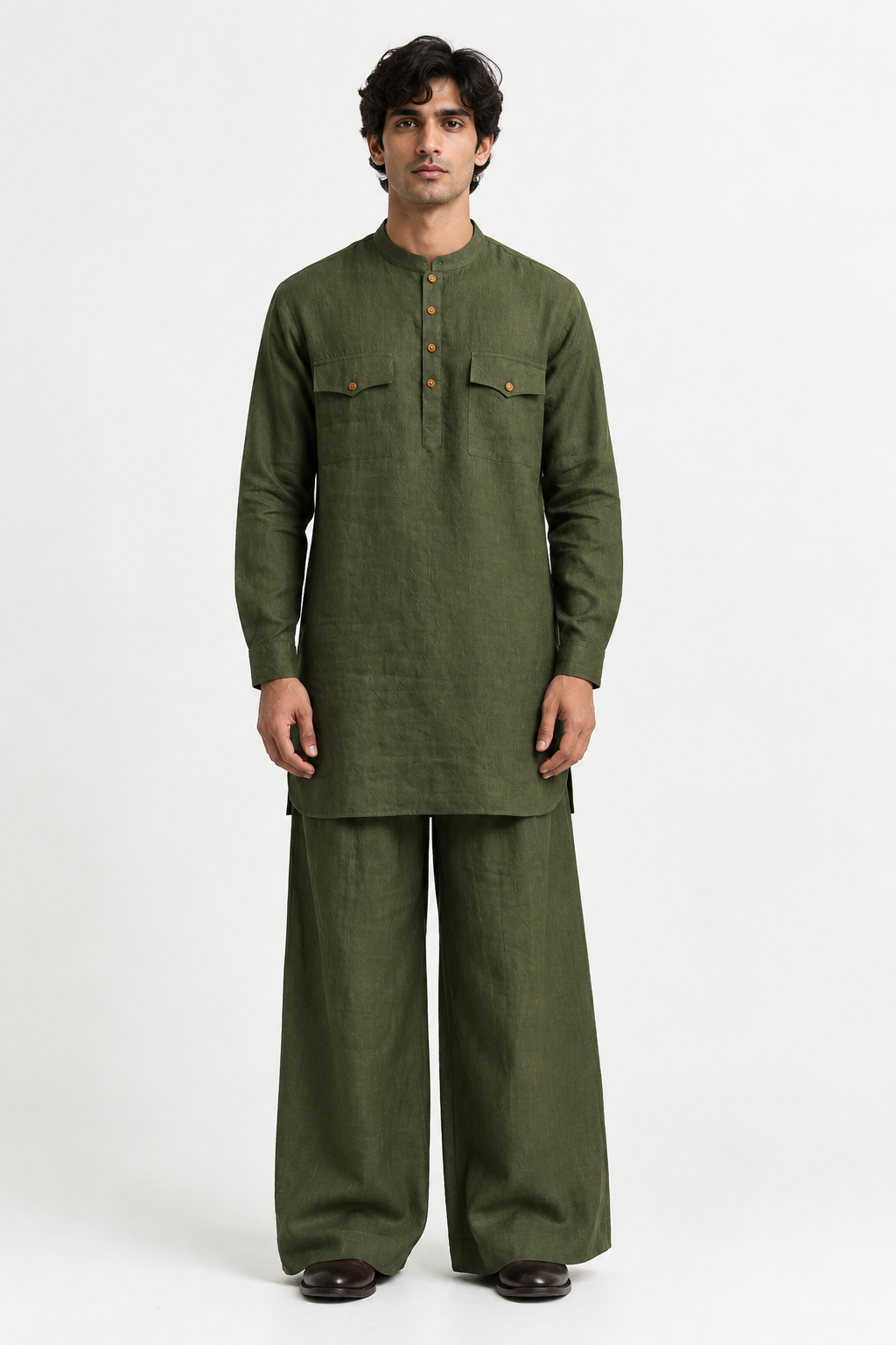 Vann Linen Set for Men in deep olive green featuring a mandarin-collar kurta and matching wide-leg trousers