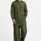 Model wearing the Vann deep olive-green linen kurta set with relaxed-fit trousers