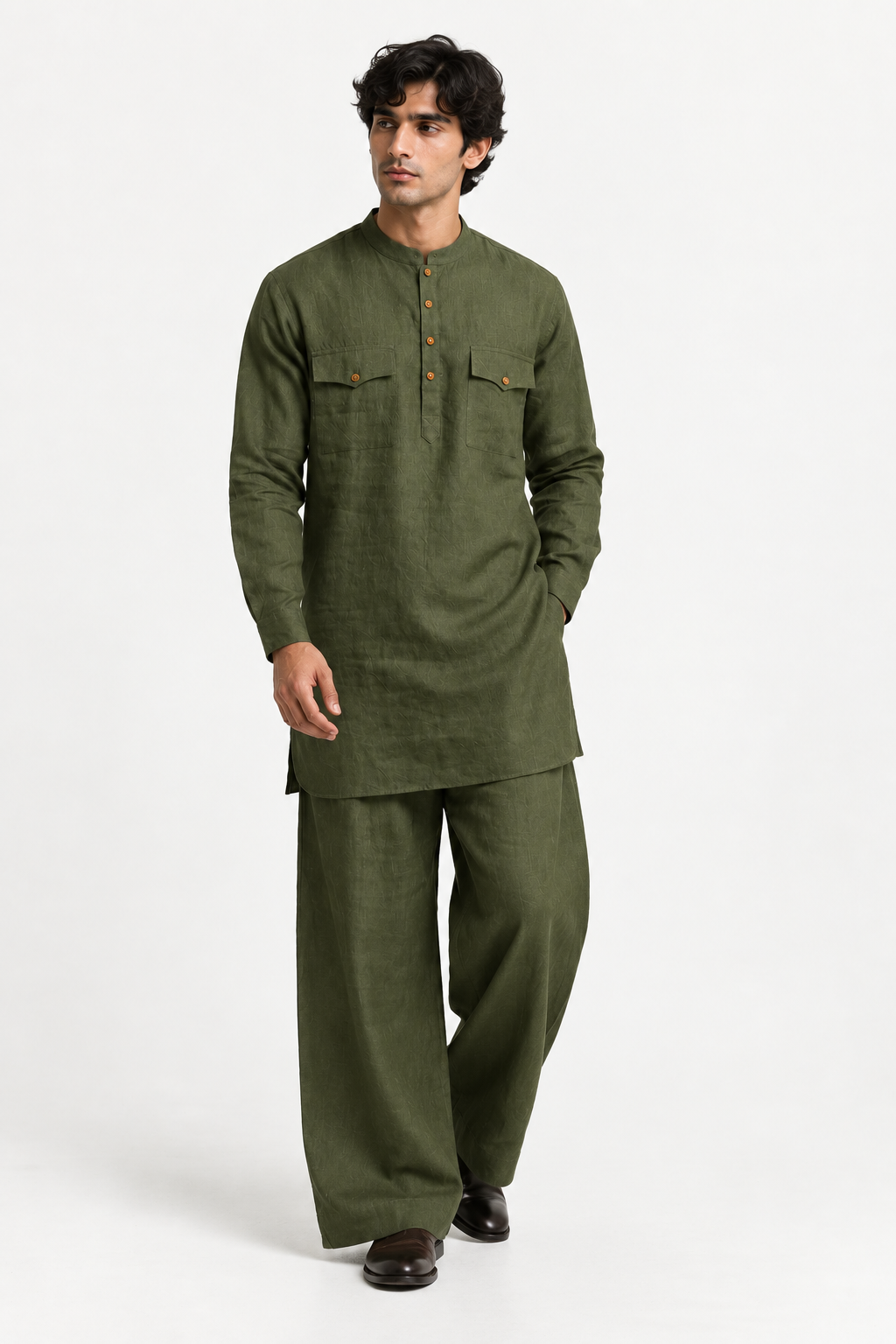 Model wearing the Vann deep olive-green linen kurta set with relaxed-fit trousers
