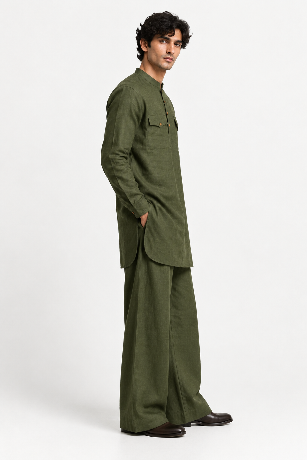 green-side.jpg	Side view of the Vann Linen Set for Men showcasing its relaxed kurta silhouette and wide-leg trousers