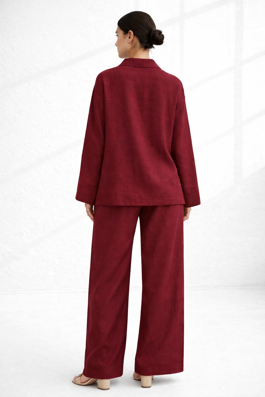 Back view of Vanya Wine linen top and wide-leg pants