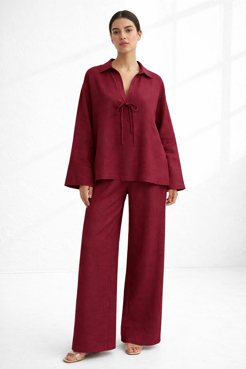 Vanya Wine linen set for women featuring tie-up top and wide-leg pants