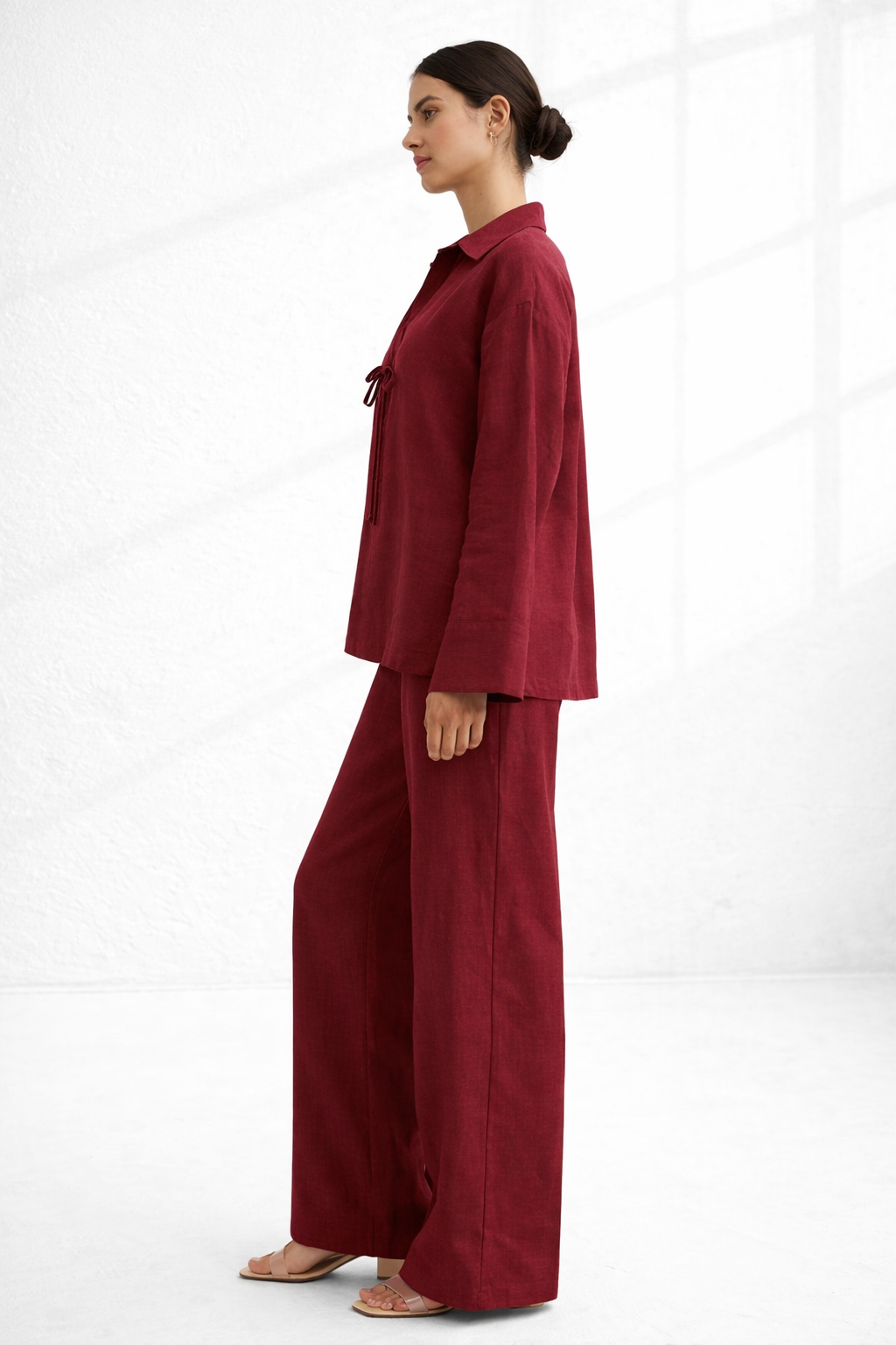 Side view of Vanya Wine linen set showing relaxed silhouette