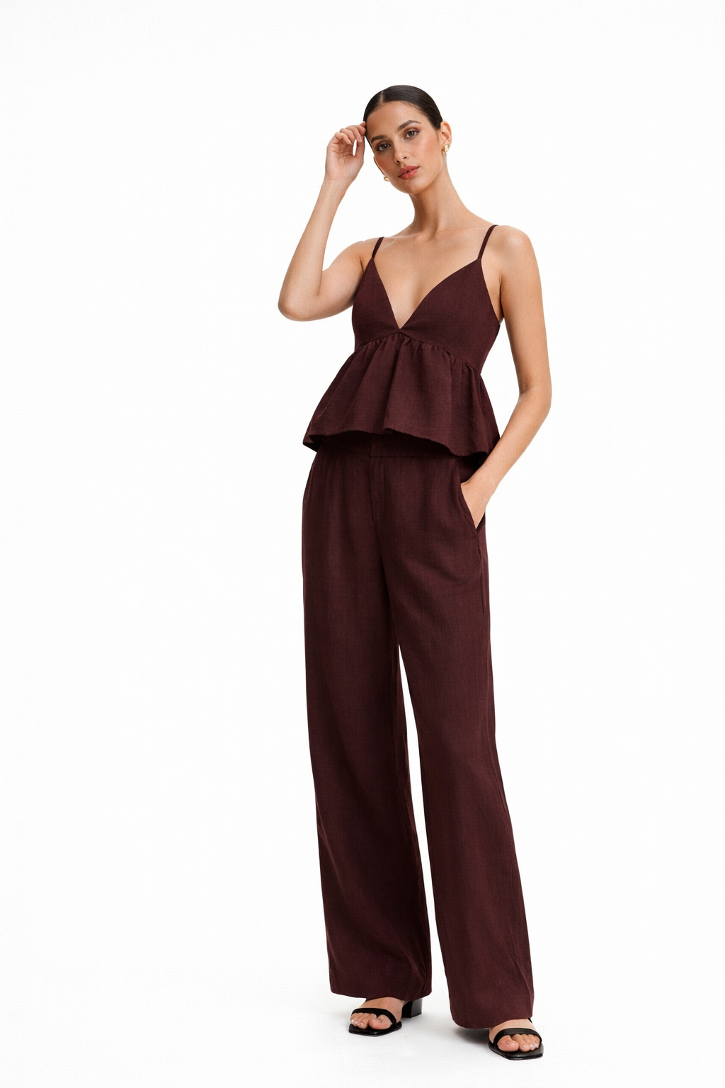 Model wearing Vera Wine linen co-ord set for women in premium breathable linen