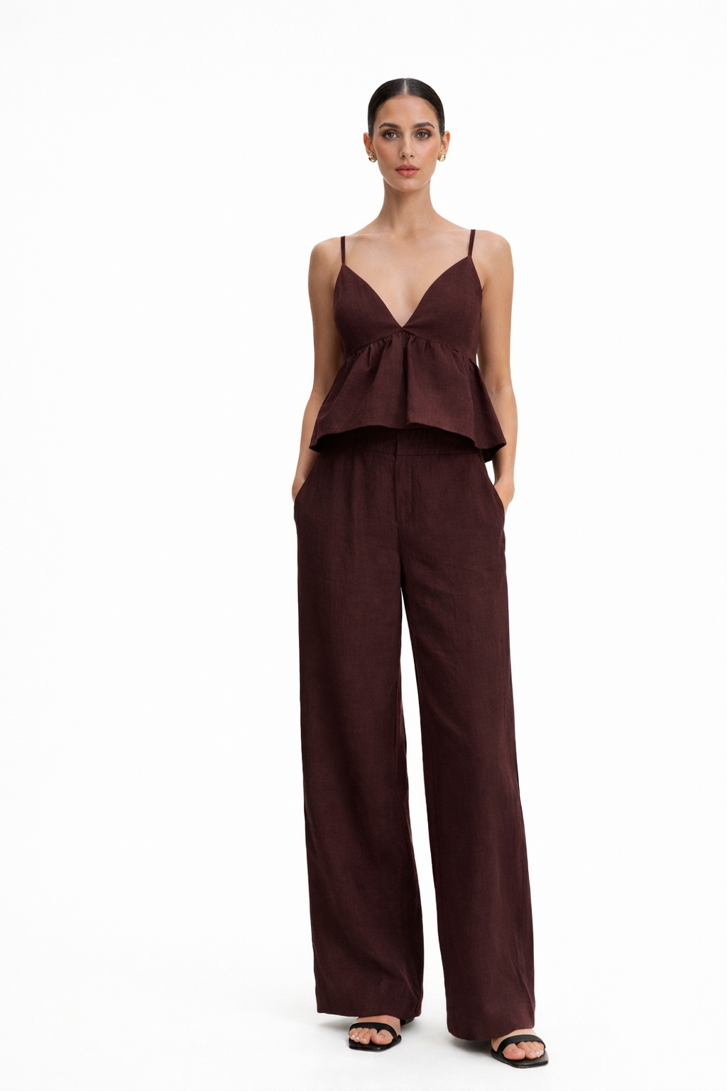 Vera Wine linen set for women featuring peplum camisole top and wide leg pants