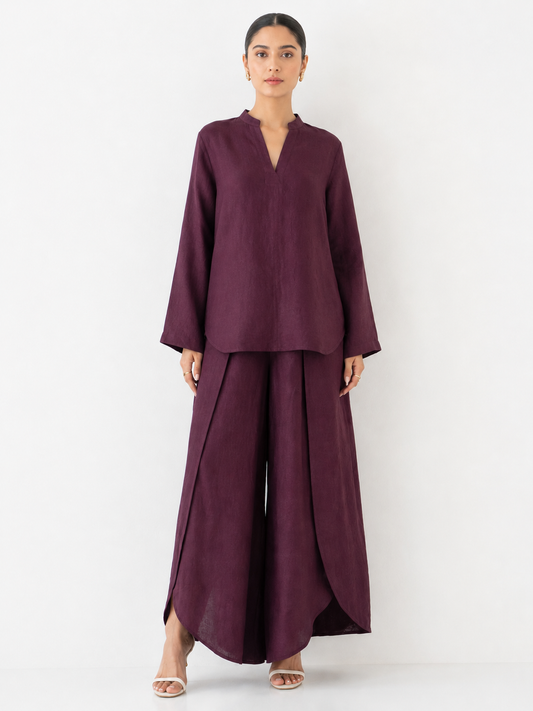 Veya dark plum linen set for women front view