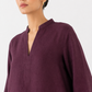 Veya dark plum linen top with V neck and mandarin collar close up