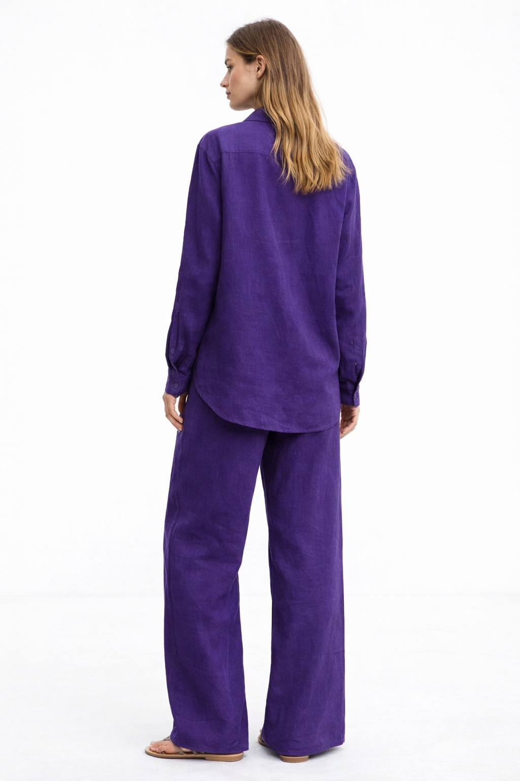Back view of Violet Muse Linen Set for Women showing wide-leg pants and shirt fall