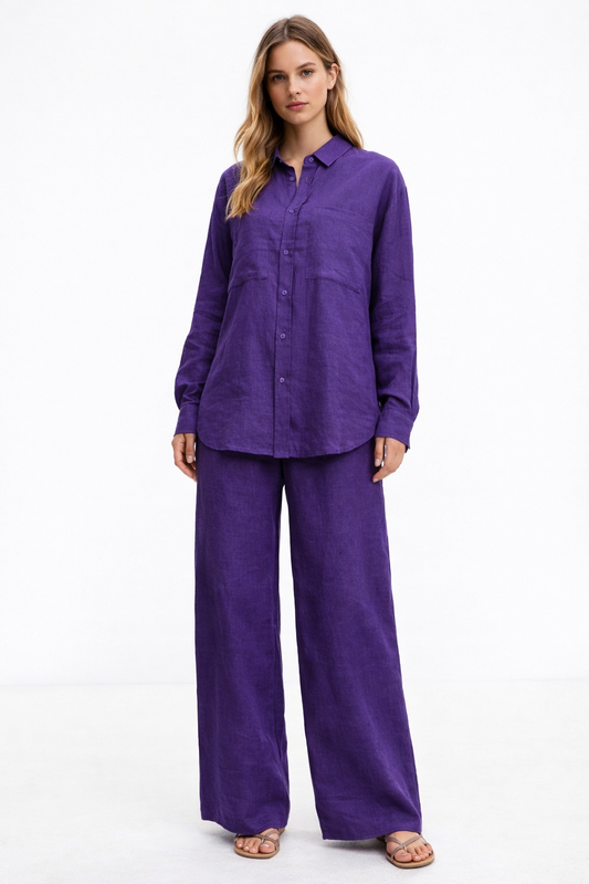 Violet Muse Linen Set for Women – front view featuring relaxed linen shirt and wide-leg pants