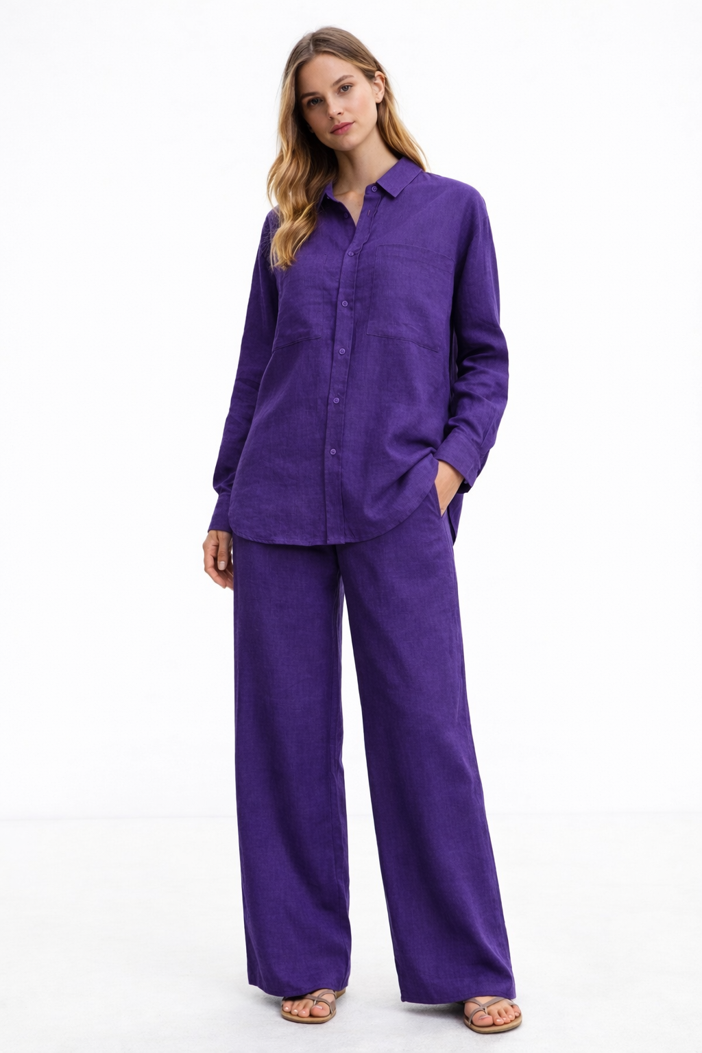 Violet Muse Linen Set for Women styled in a minimal studio setting with natural lighting