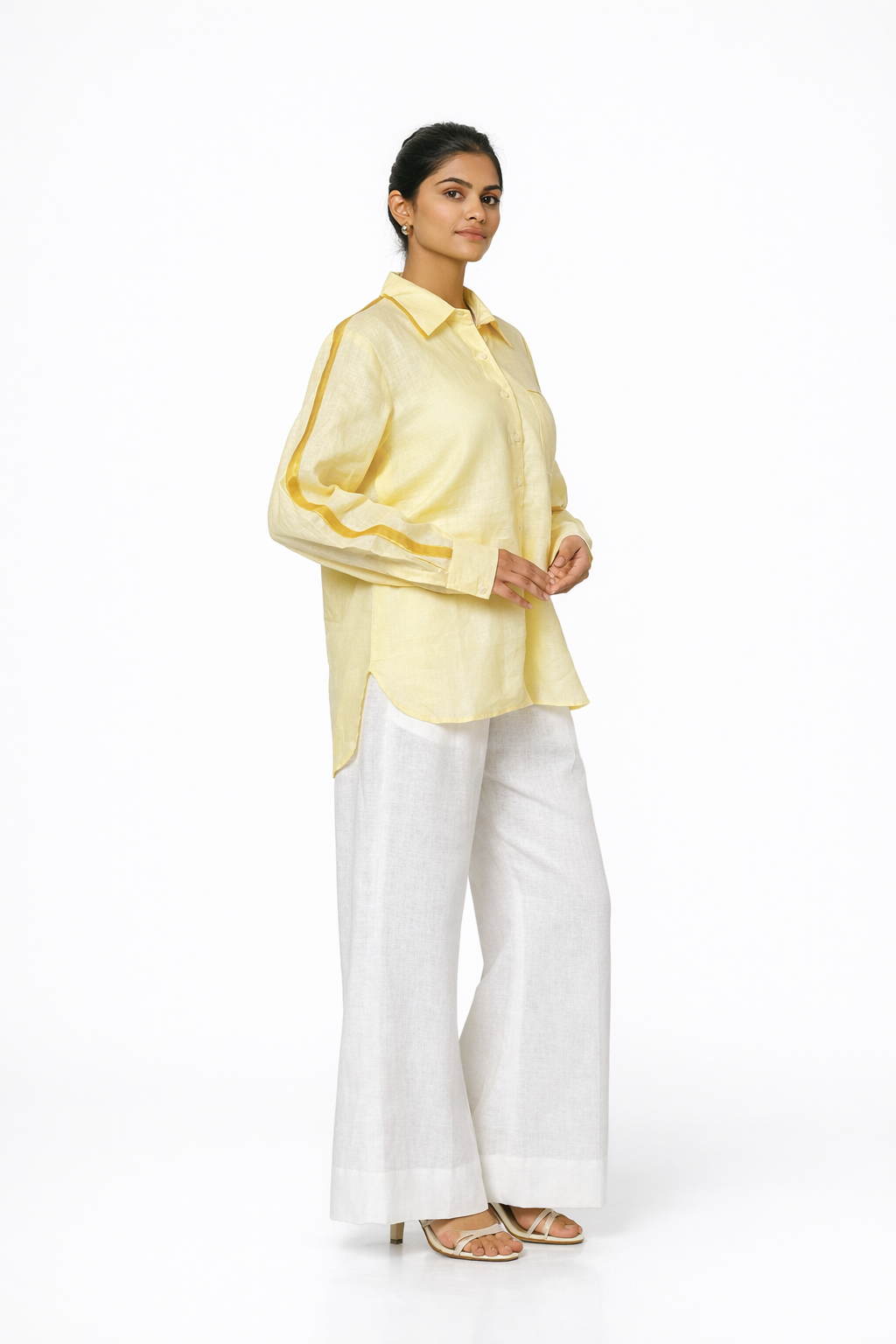 Yellow Linen Shirt with Satin Piping Detail – Women’s Stylish Linen Top