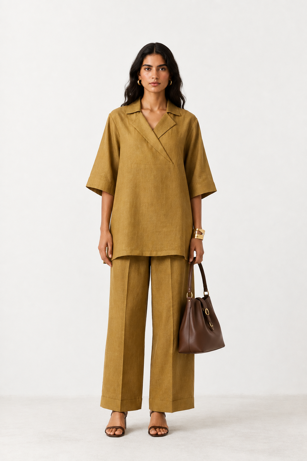 Antique gold Zariya pure linen co-ord set for women