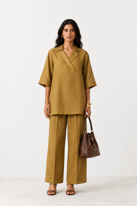 Antique gold Zariya pure linen co-ord set for women
