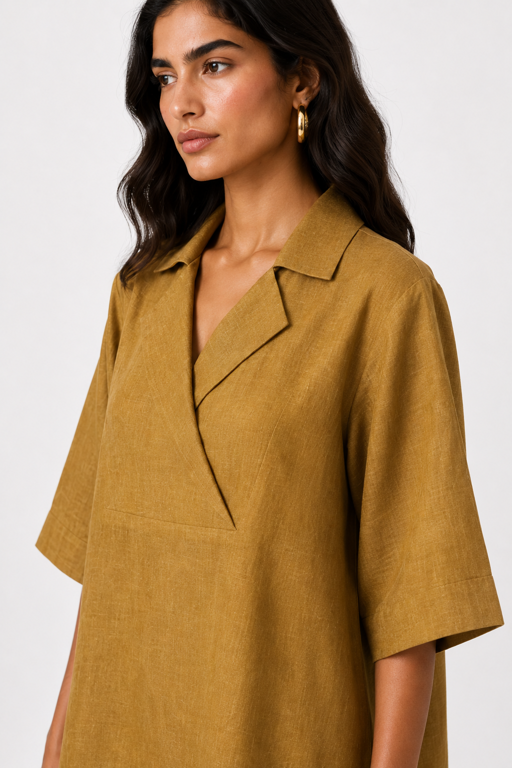 Zariya linen top with overlapping V-neck and lapel collar detail