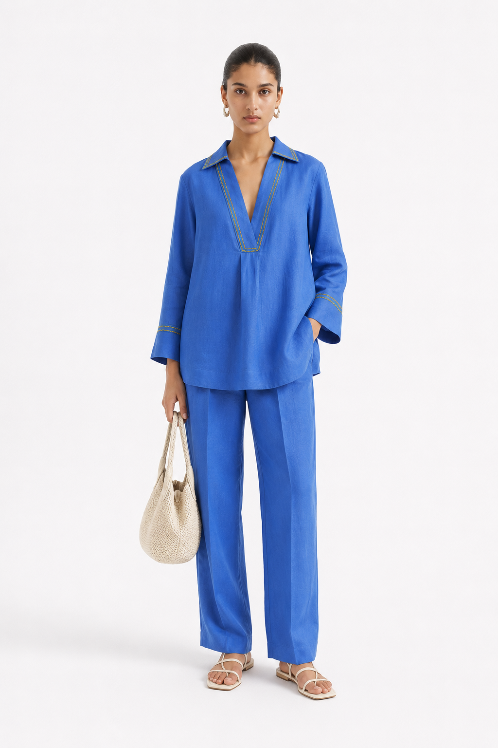 Ziya cobalt blue linen co-ord set for women with yellow thread detailing