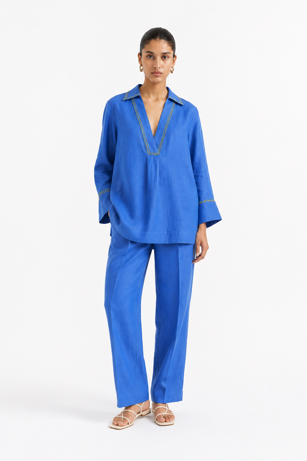 Ziya blue linen set for women with lemon yellow chawal taka detailing