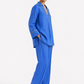 Side view of Ziya linen set for women in cobalt blue with lemon yellow detailing
