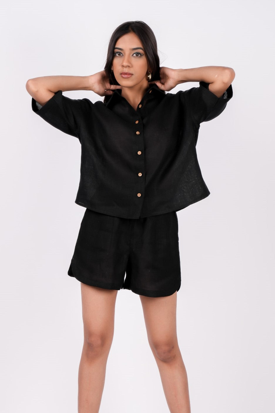 Midnight Black Linen Co-Ord Set - Includes Pair of Shorts and Half Sleeves Drooping Shoulder Shirt
