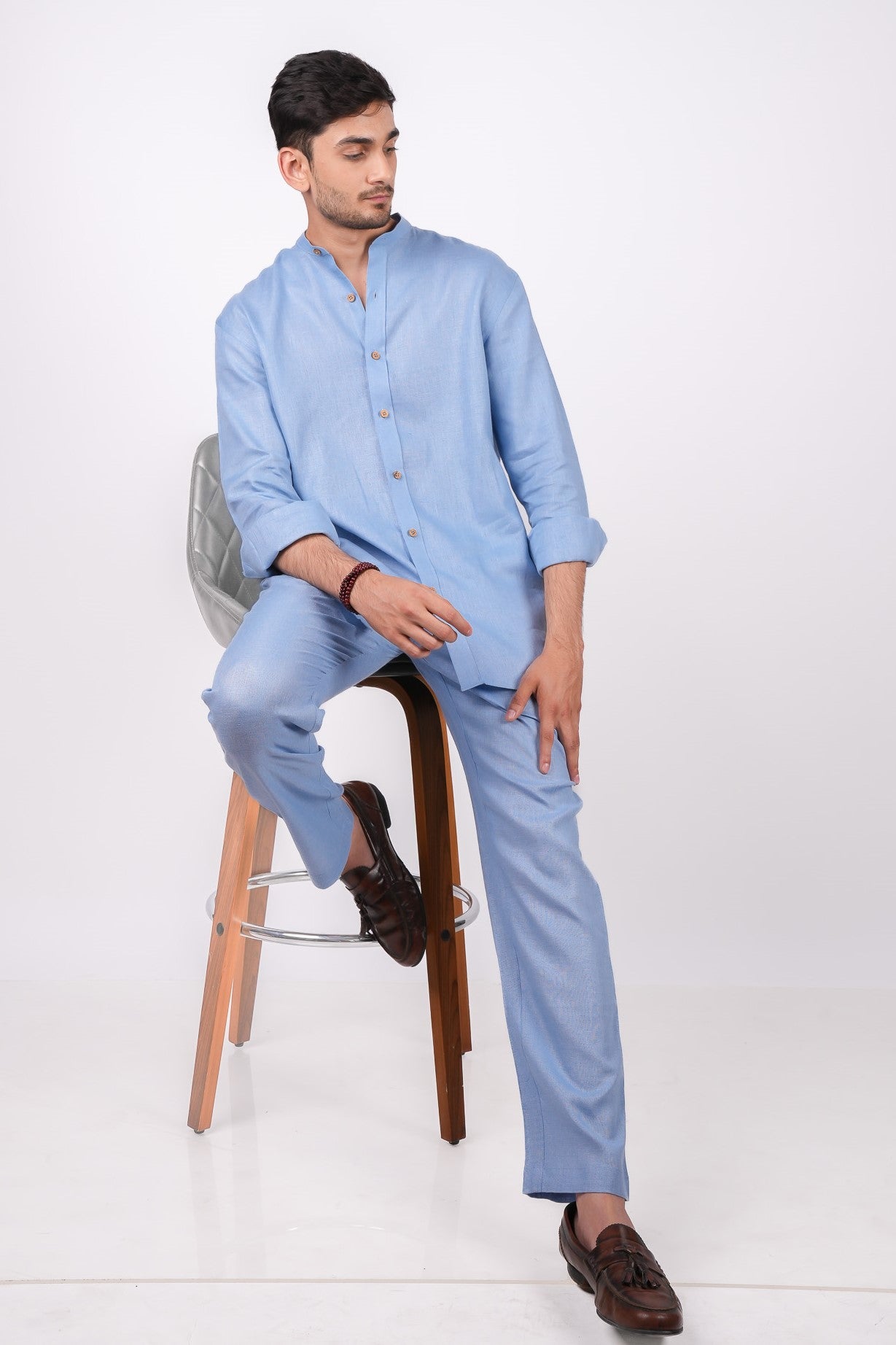 Ocean Blue Co-ord Set- Includes Pair of Pants and Chinese Collar shirt