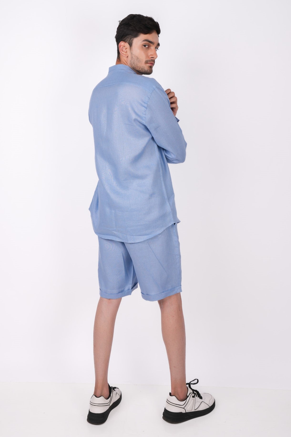 Ocean Blue Co-ord Set- Includes Pair of Shorts and Chinese Collar shirt