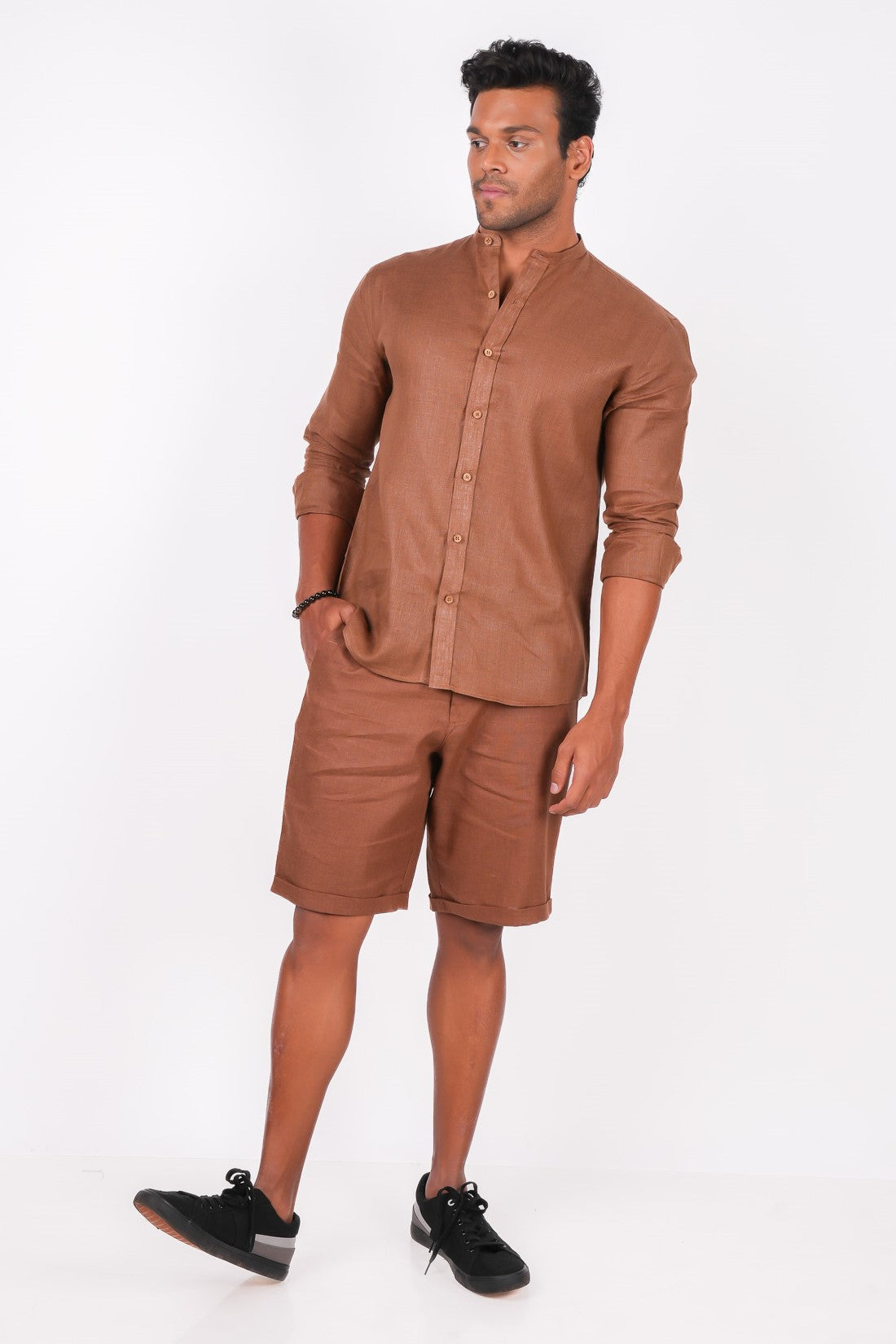 Mocha Brown Co-ord Set- Includes Pair of Shorts and Chinese Collar shirt