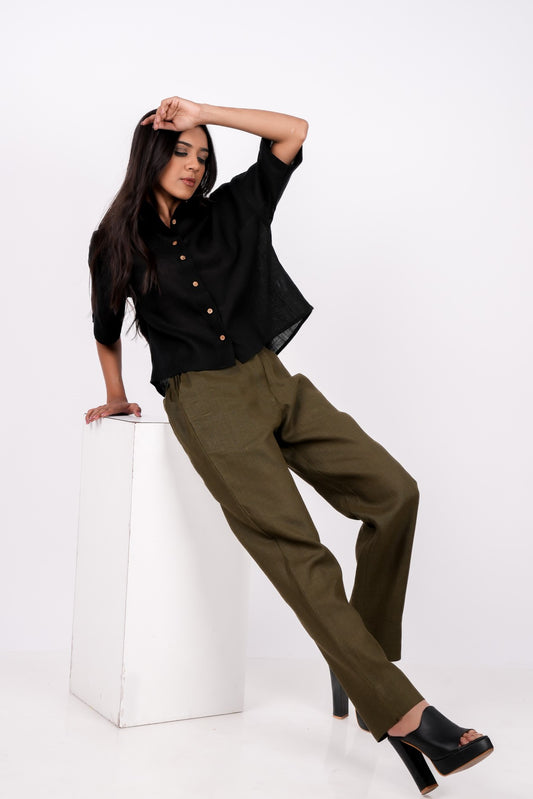 Forest Green Flat Front Linen Pants