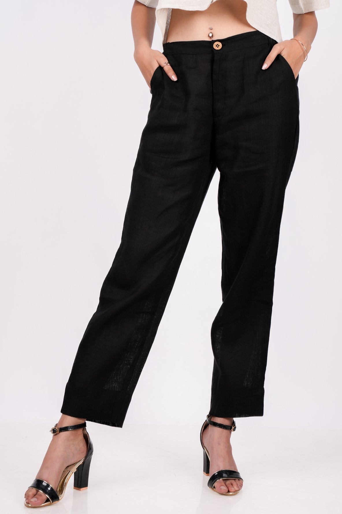 Midnight Black Flat Front Linen Pants