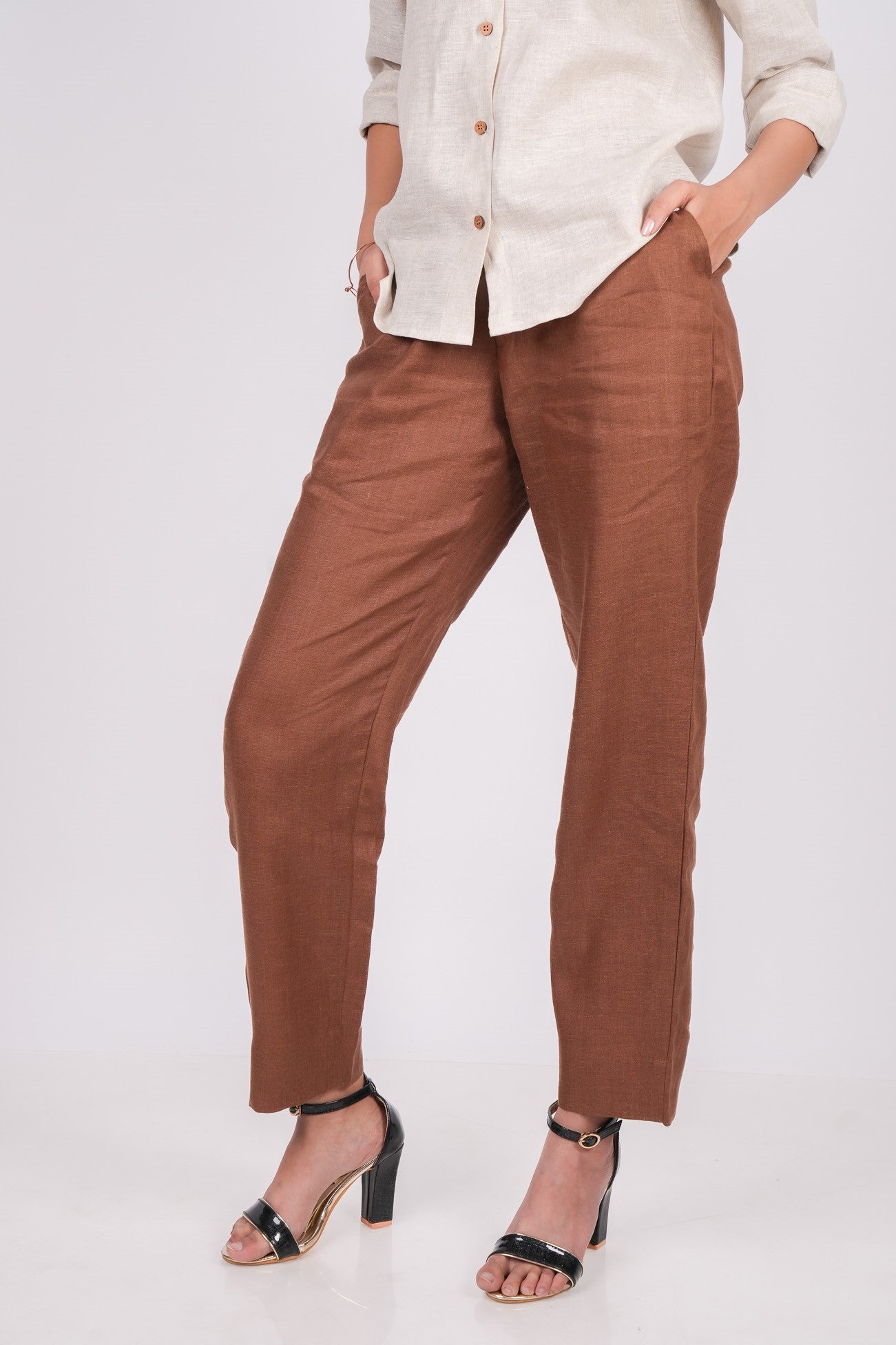 Mocha Brown Flat Front Linen Pants