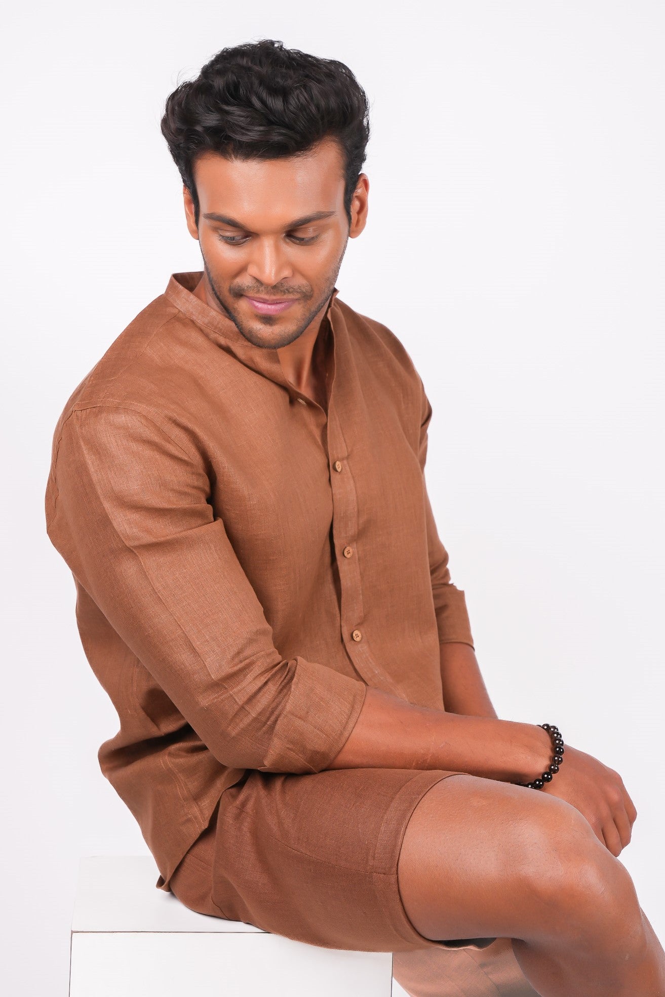 Mocha Brown Co-ord Set- Includes Pair of Shorts and Chinese Collar shirt