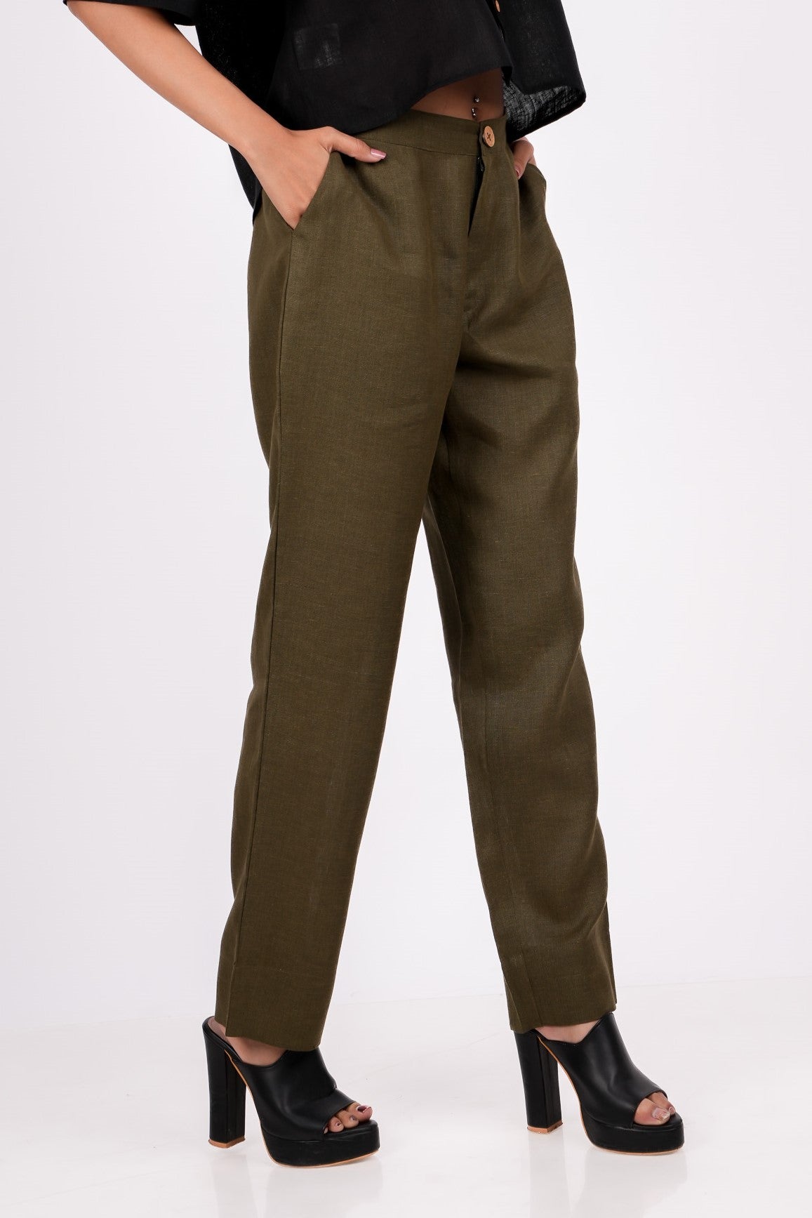 Forest Green Flat Front Linen Pants