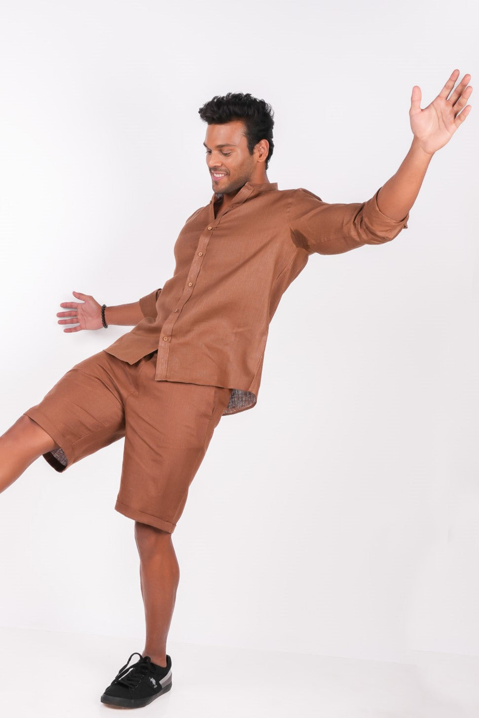 Mocha Brown Co-ord Set- Includes Pair of Shorts and Chinese Collar shirt