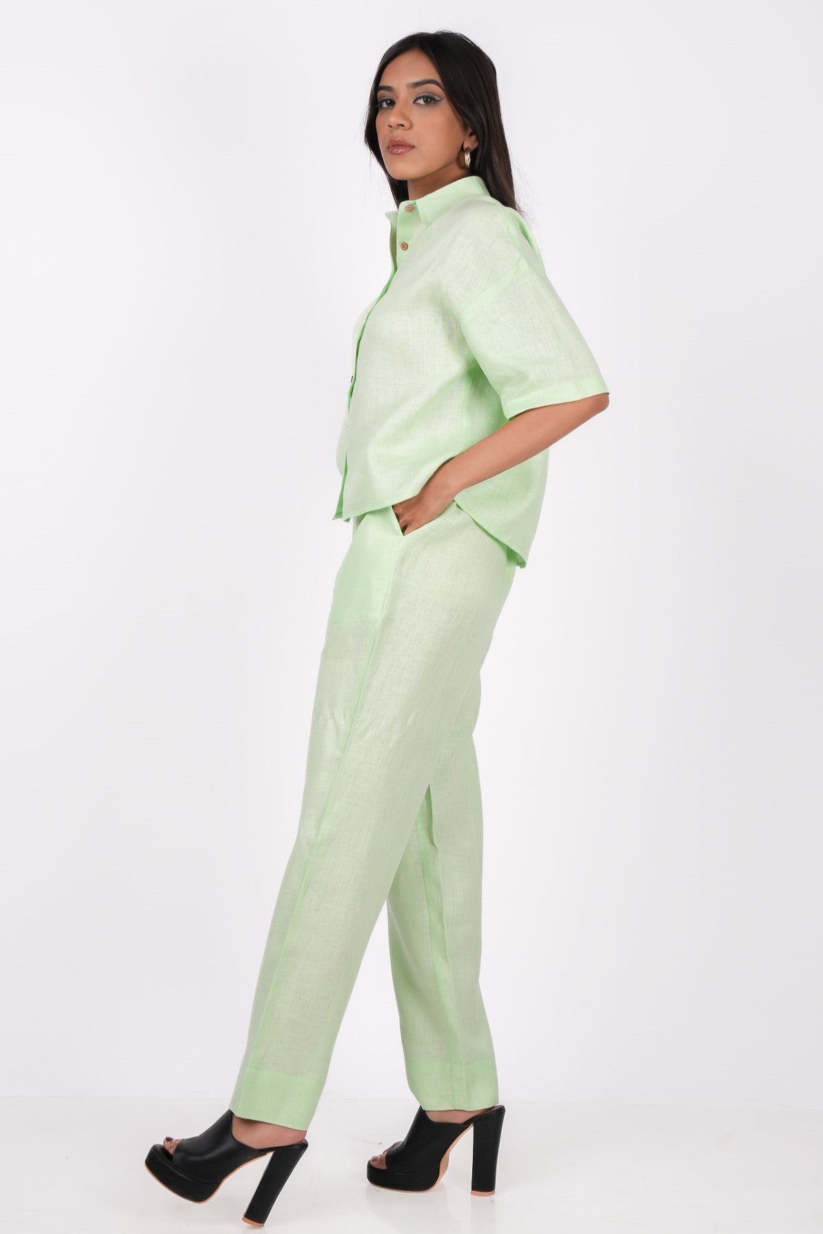 Kiwi Green Linen Co-Ord Set - Includes Pair of Pants and Half Sleeves Drooping Shoulder Shirt