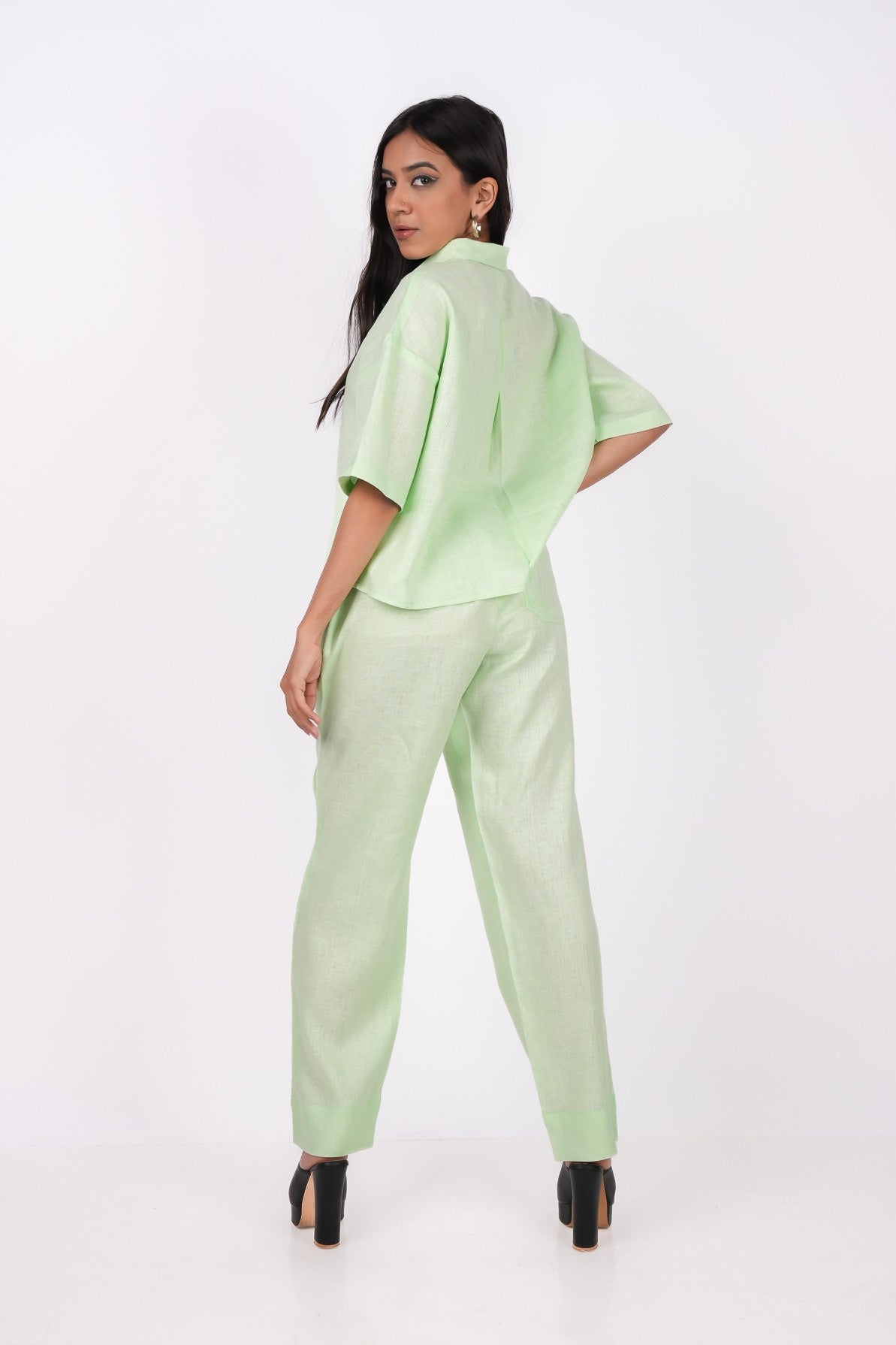 Kiwi Green Linen Co-Ord Set - Includes Pair of Pants and Half Sleeves Drooping Shoulder Shirt